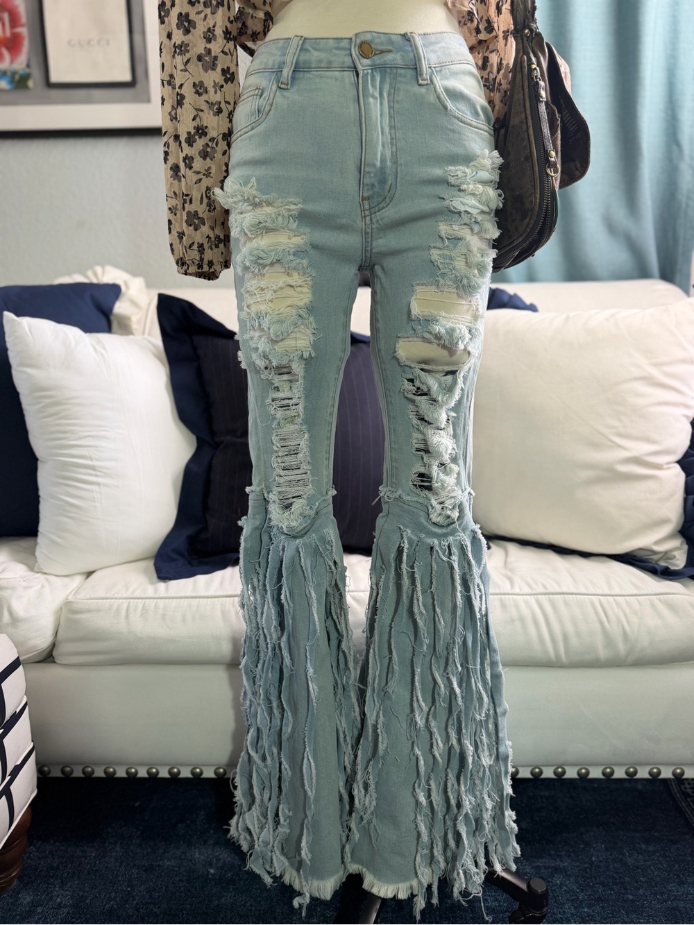 High-Rise Light Blue Distressed Fringe Flare Jeans XS/S